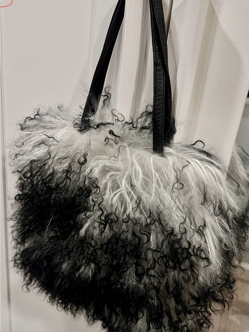 bebe Black & White Curly Faux Fur Tote with Black Straps